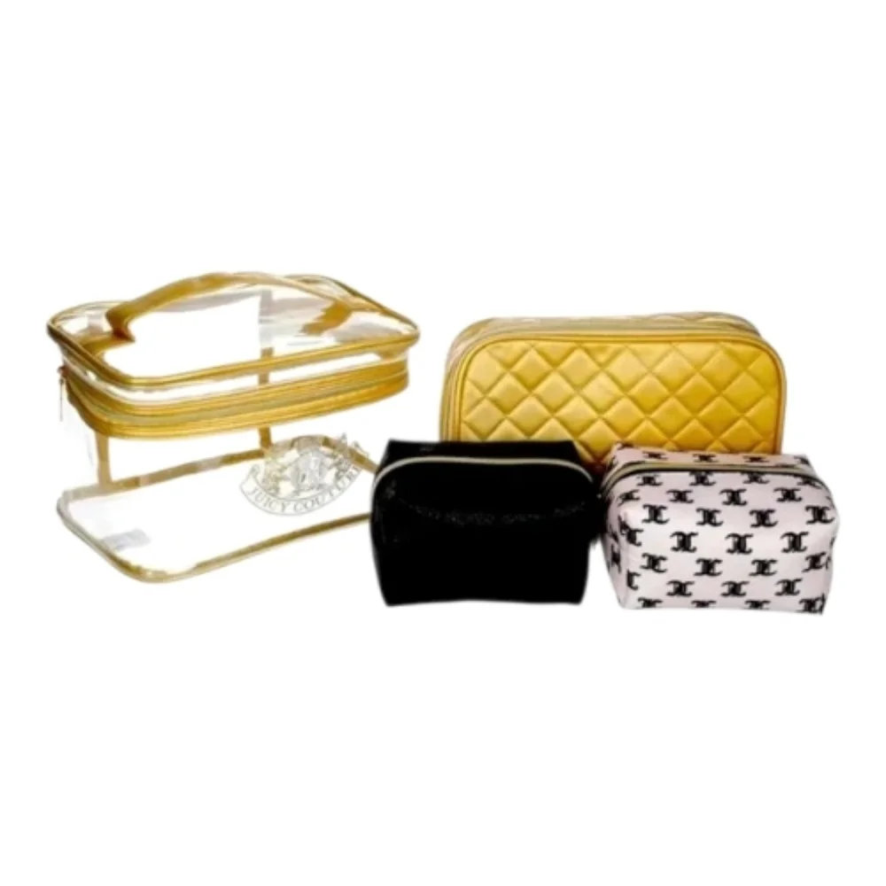 Juicy Couture NWT Heritage JC Logo 4pc Travel Cosmetic Bag Gold Black White